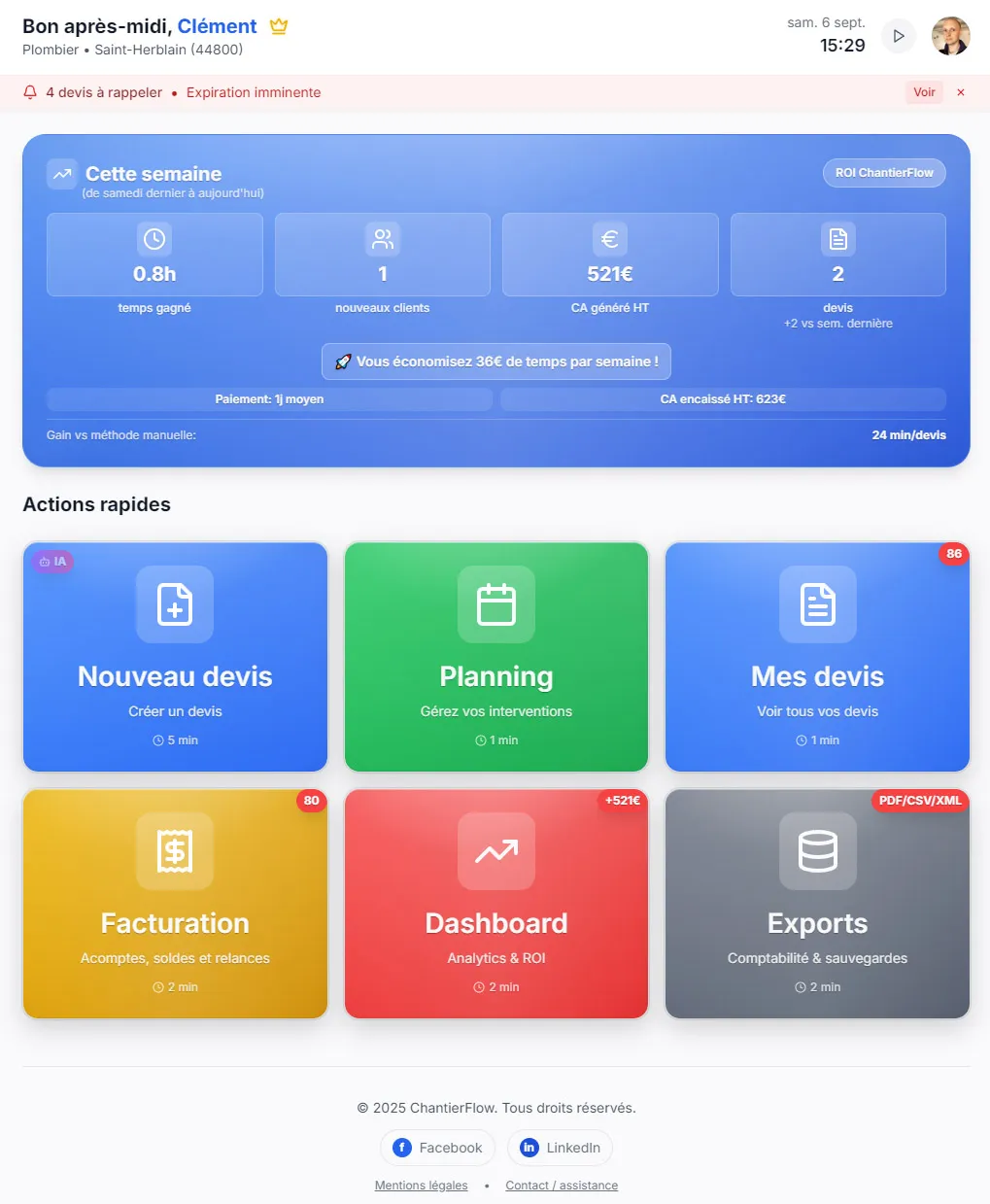 Aperçu de l'interface ChantierFlow : création d'un devis artisan en 5 minutes